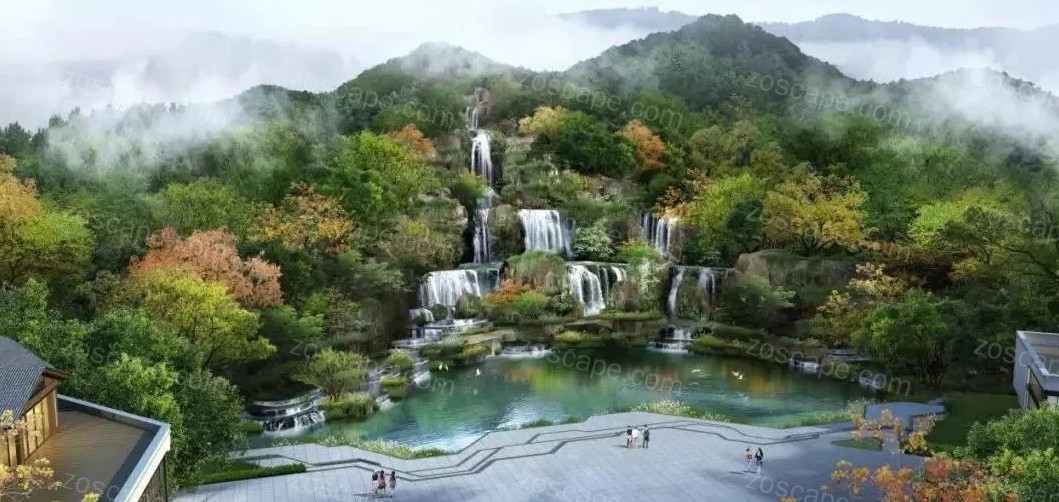 利用自然地形-崖壁瀑布水景-某自然风景区山体公园瀑布广场园林