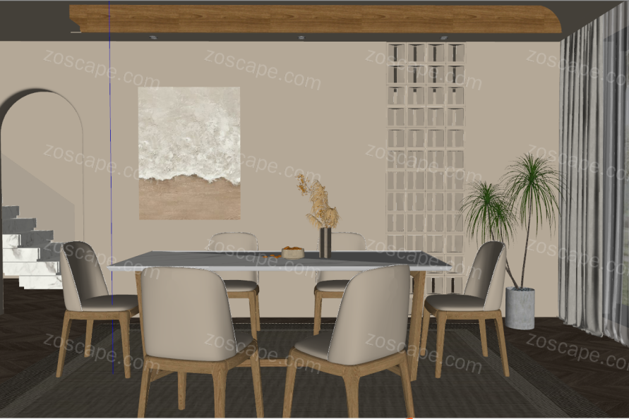 室内装修侘寂奶油风餐厅软装精细SU模型设计