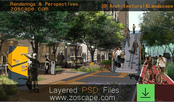psd效果图-步行商业街风貌改造景观设计效果图