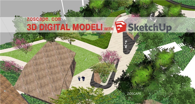 滨水区公园观景廊道-景观塔构筑物整体sketchup模型