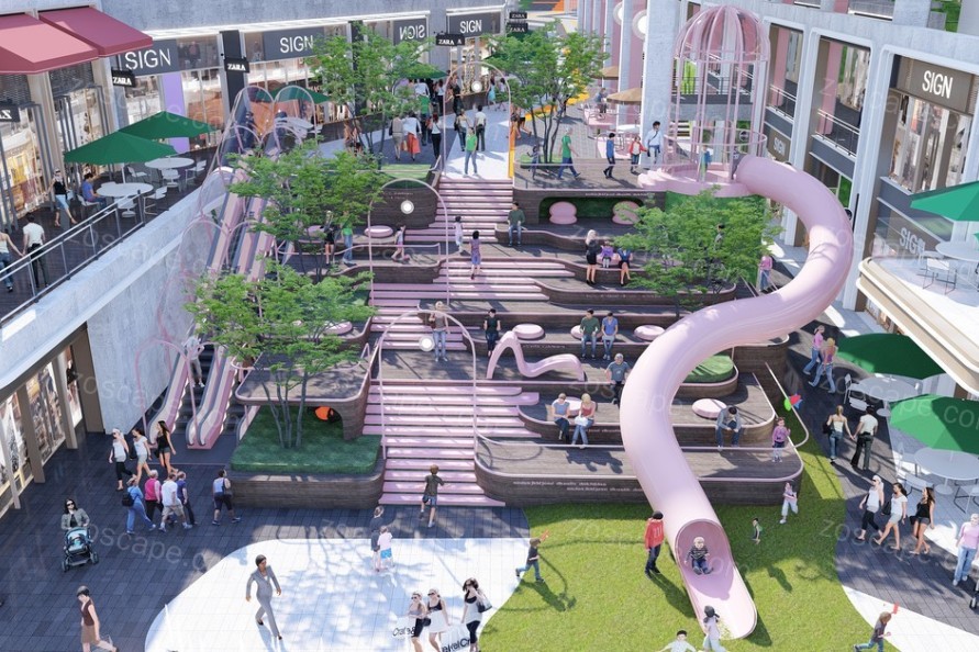 新媒体艺术粉色梦幻风情商业街-国际化社区现代商业街景观设计方
