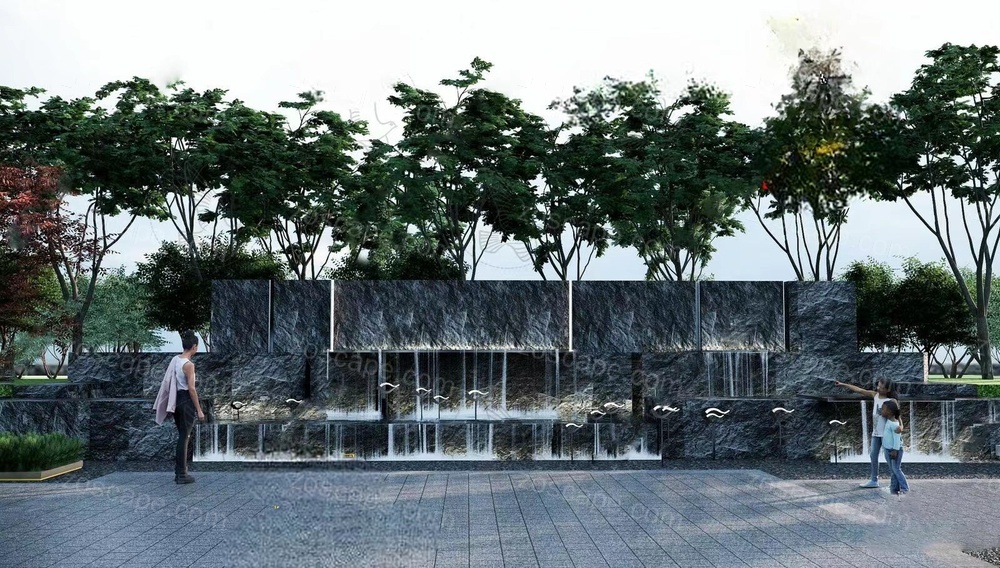新中式园林置石景墙su模型水景流水景墙su模型
