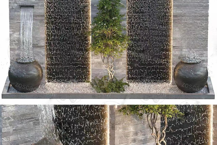 日式枯山水中式园林景墙模型流水景墙su模型