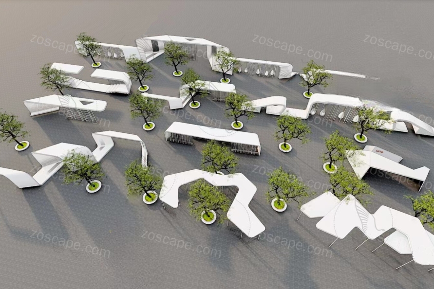 多组现代风极简创意造型公园构筑物廊架长廊su模型