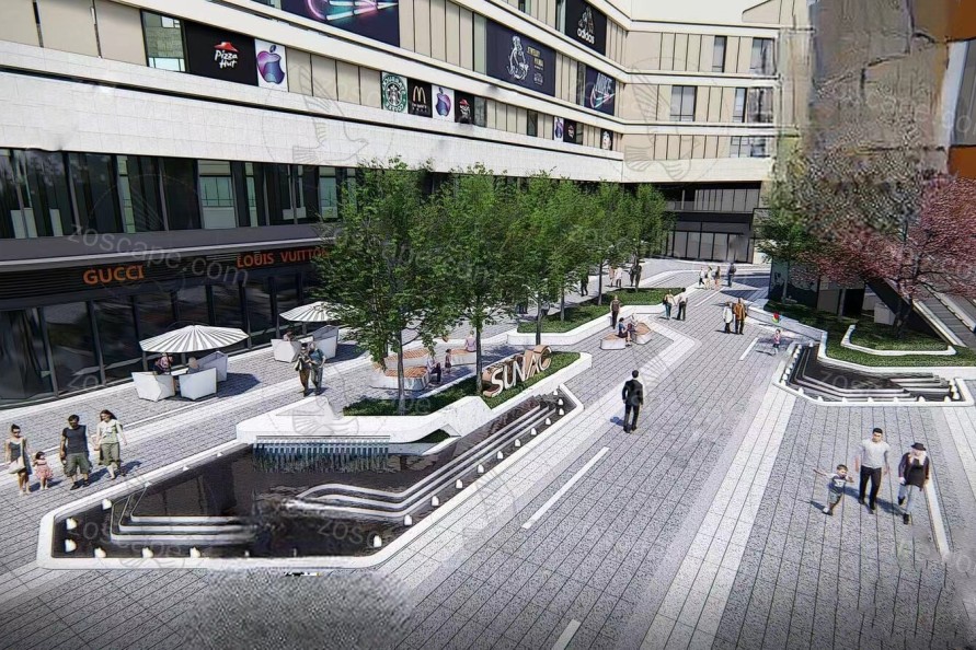 商业街购物中庭广场下沉广场水景中心节点SU模型