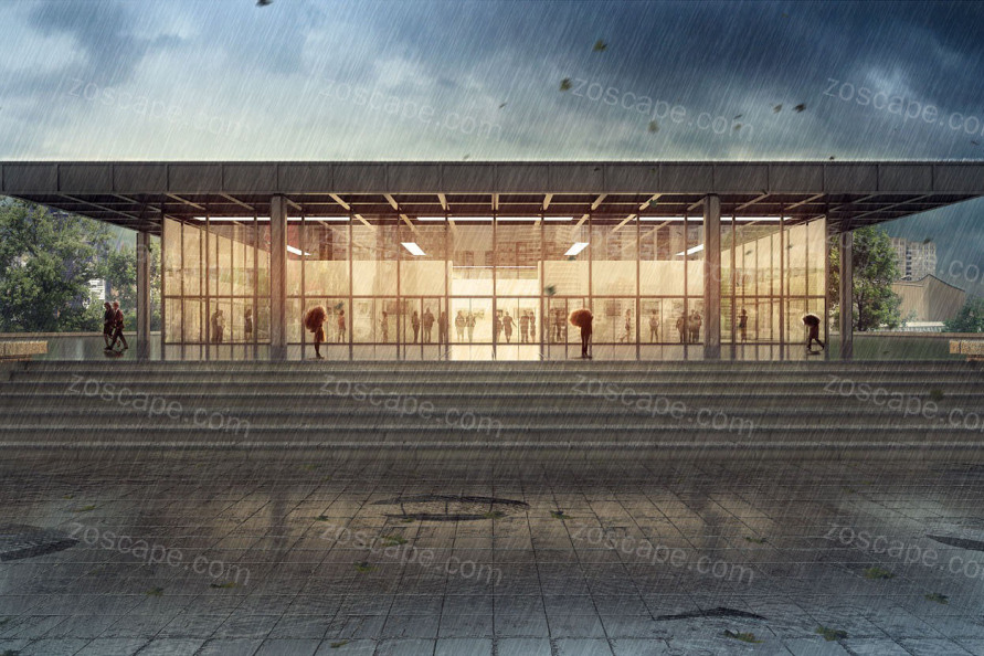 柏林新国立美术馆雨景景观表现过程详解