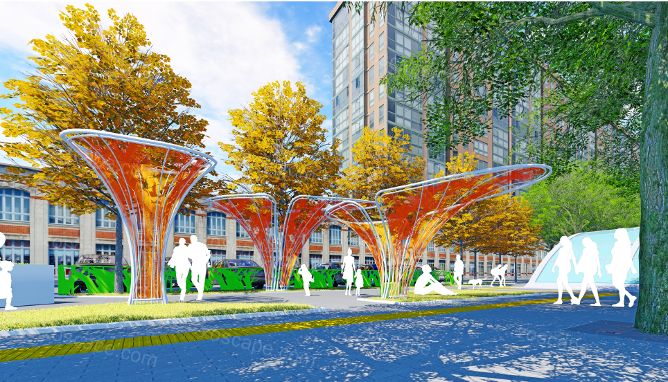 艺术构架-树的花园-地铁站出入口地铁上盖带状口袋公园绿化景观