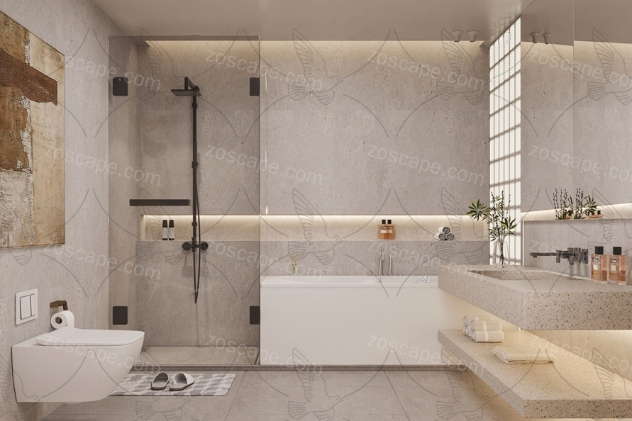 室内卫浴空间洗手间模型侘寂奶油风卫生间精细SU模型
