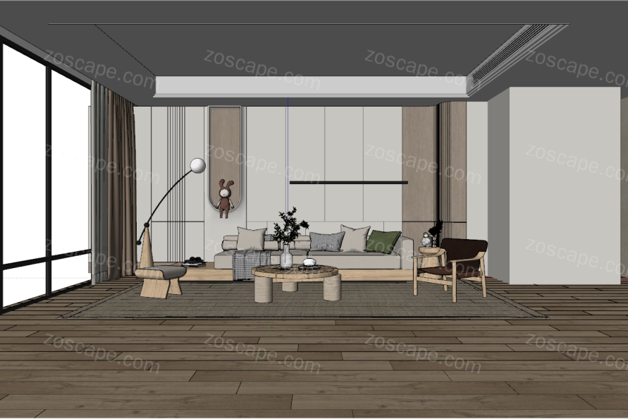 室内客厅布置家装模型侘寂奶油风客厅精细SU模型设计