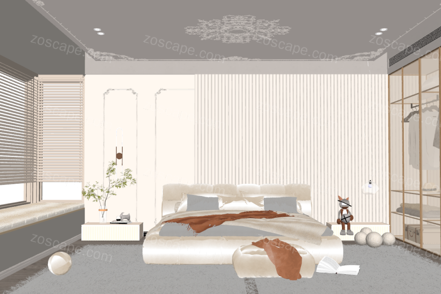 室内温馨卧室家装模型法式奶油风卧室精细SU模型设计