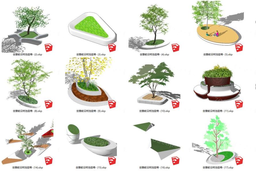 18个创意公园广场休闲树池座椅园林景观构筑物SU模型（一）