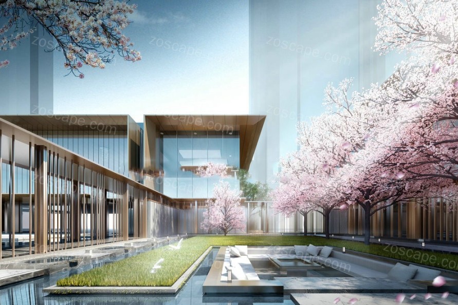 新中式住宅示范区景观售楼部前庭景观方案su模型