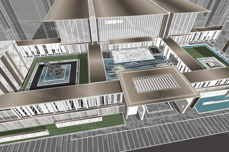 新中式住宅示范区景观售楼部前庭景观方案su模型