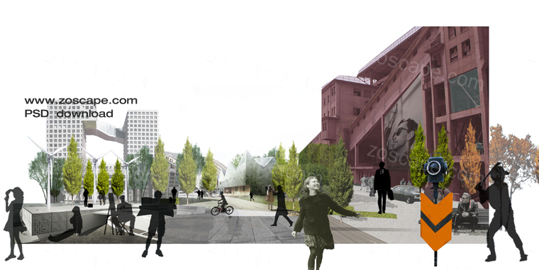 Collage拼贴风格园林景观效果图-PSD城市广场拼贴效果图表现