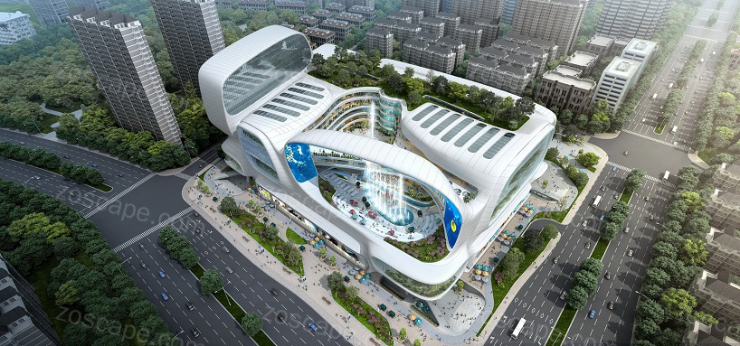 城市商业综合体购物中心景观建筑鸟瞰效果图