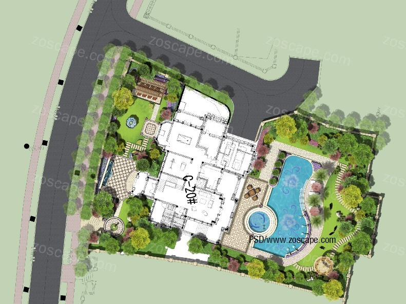 个人原创欧式别墅庭院-别墅泳池景观PSD平面图