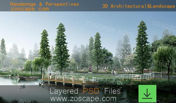psd分层-滨江湿地公园园林景观透视图效果图