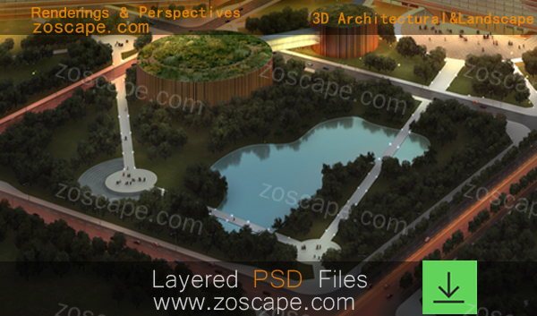 大学校园中心湖泊节点景观建筑设计效果图