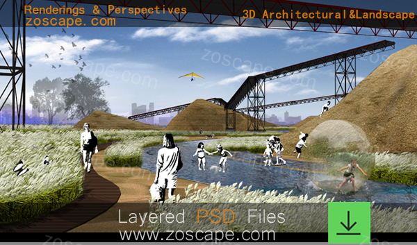 工业遗址景观改造-公园园林景观设计psd效果图下载