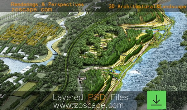 滨水带状公园设计方案概念效果图鸟瞰图